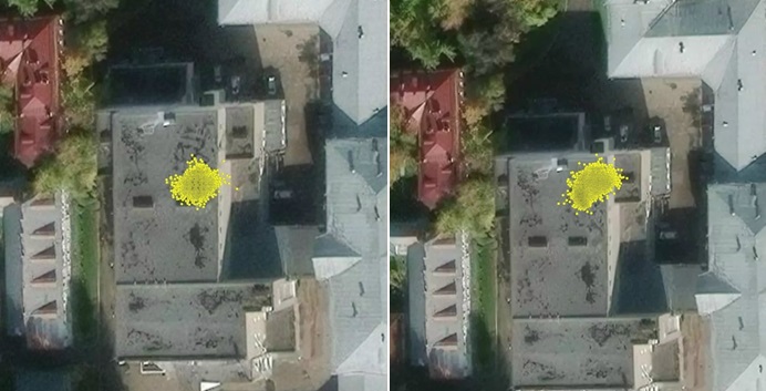 Слева локация по данным  gps-sdr-sim, справа - по данным «нерелятивистского» симулятора.